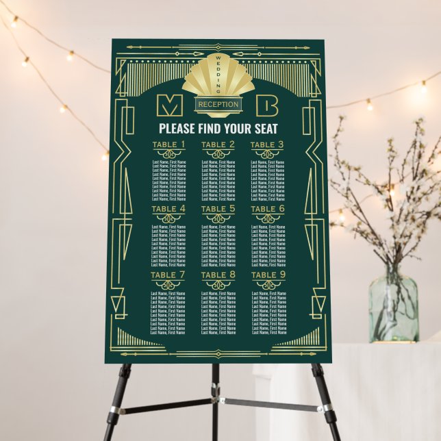 Art Deco Reception Gold Green Seating Chart Foam Board (In Situ (Stand))