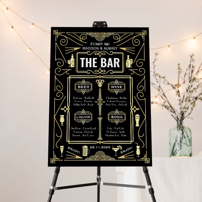 Art Deco Reception Open Bar Menu Gold Black Foam Board (In Situ (Stand))