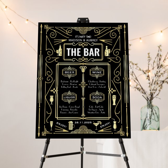 Art Deco Reception Open Bar Menu Gold Black Foam Board (In Situ (Stand))