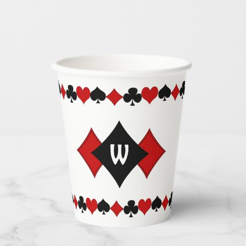 Art Deco Red and Black Card Suits Monogrammed Paper Cups