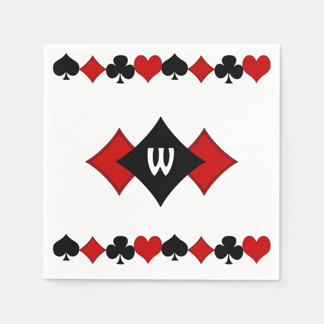 Art Deco Red and Black Card Suits - Monogrammed Paper Napkins (Front)