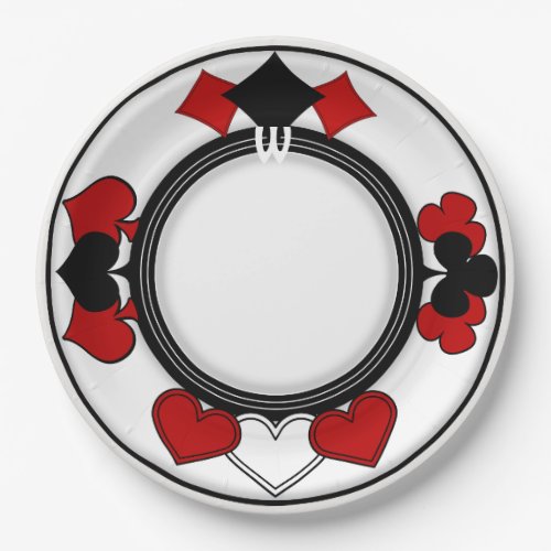 Art Deco Red and Black Card Suits Monogrammed Paper Plates