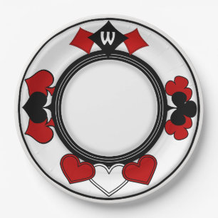 Art Deco Red and Black Card Suits Monogrammed Paper Plates