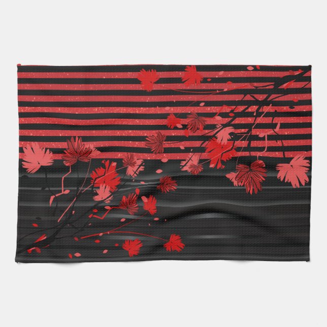 Art Deco Red and Black Floral Towel (Horizontal)