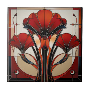 Art Deco Red Black White Abstract  Floral   Ceramic Tile