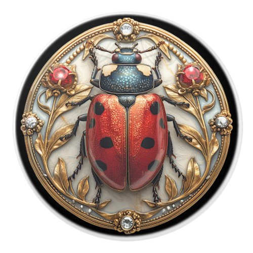 Art Deco Red Enamel Ladybug Rubies Gold Diamonds   Ceramic Knob