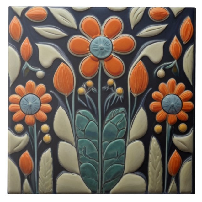 Art Deco Red Flowers Ceramic Tile (Front)