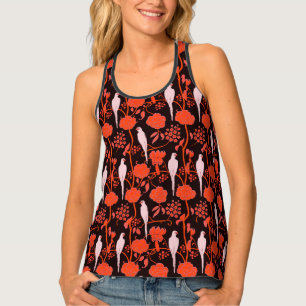ART DECO RED FLOWERS,WHITE PARROTS, Black Tank Top