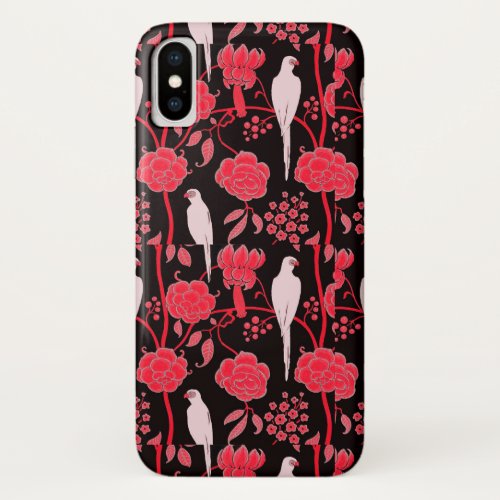 ART DECO RED FLOWERSWHITE PARROTS ON BLACK iPhone X CASE