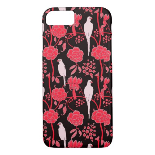ART DECO RED FLOWERSWHITE PARROTS ON BLACK iPhone 87 CASE