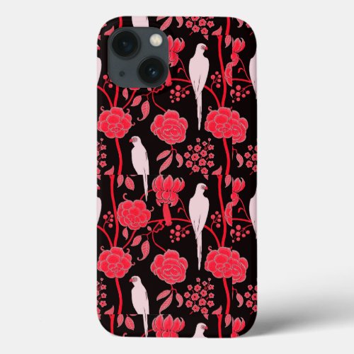 ART DECO RED FLOWERSWHITE PARROTS ON BLACK iPhone 13 CASE