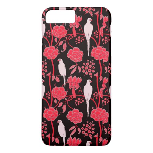 ART DECO RED FLOWERSWHITE PARROTS ON BLACK iPhone 8 PLUS7 PLUS CASE