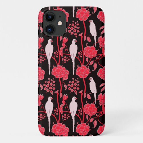 ART DECO RED FLOWERSWHITE PARROTS ON BLACK iPhone 11 CASE