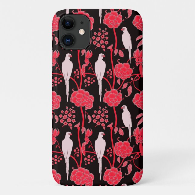 ART DECO RED FLOWERS,WHITE PARROTS ON BLACK Case-Mate iPhone CASE (Back)