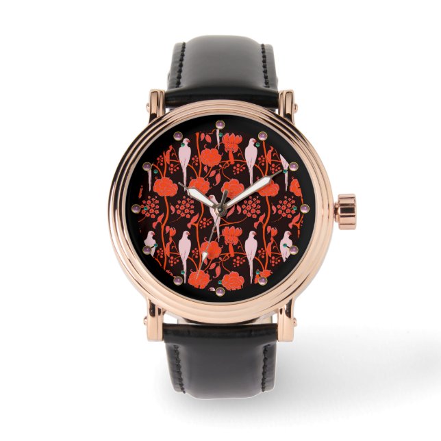 ART DECO RED FLOWERS,WHITE PARROTS ON BLACK WATCH (Front)