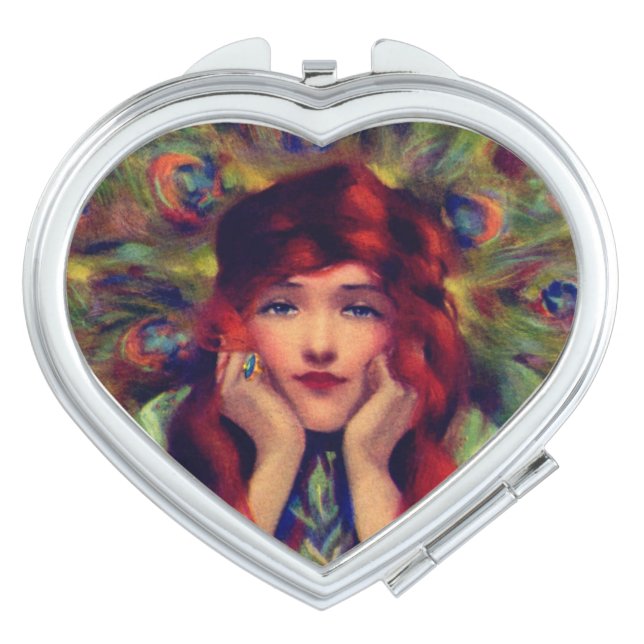 Art deco red head woman peacock feathers   compact mirror (Front)