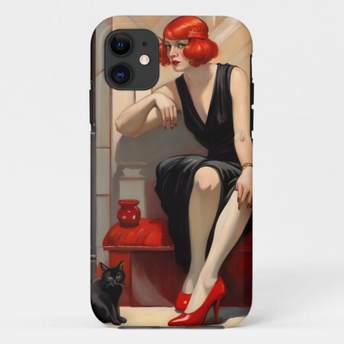 Art Deco Red_Headed Flapper and Black Cat Gatsby iPhone 11 Case
