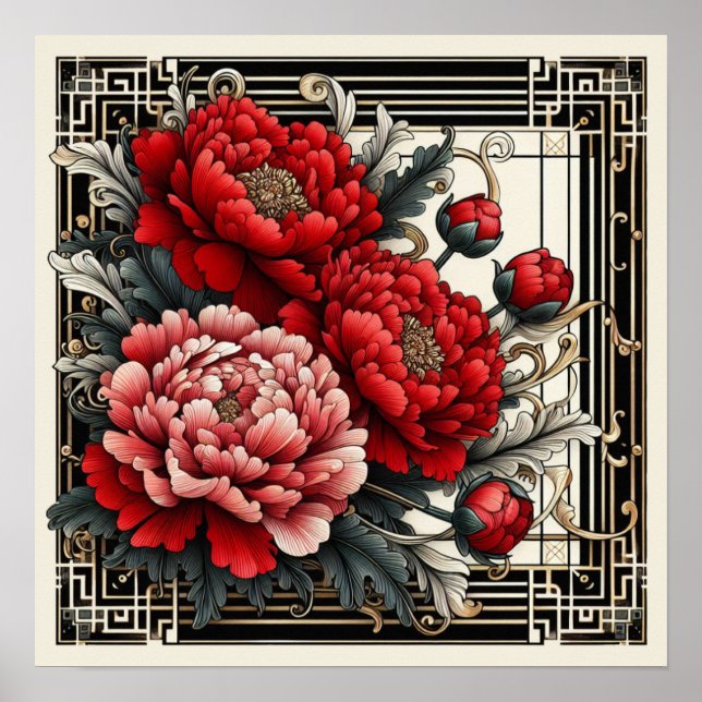 Art Deco Red Peonies Poster (Front)