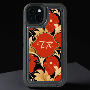 Art Deco Red Poppies Monogram iPhone 15 Plus Case