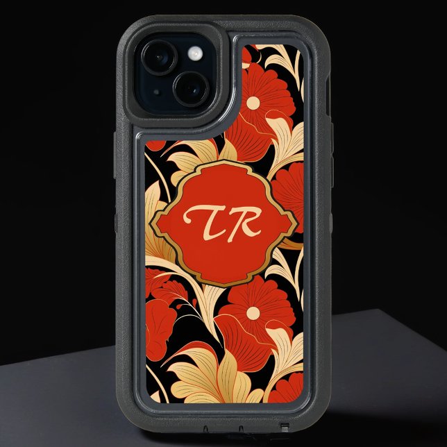 Art Deco Red Poppies Monogram iPhone 15 Plus Case (Creator Uploaded)