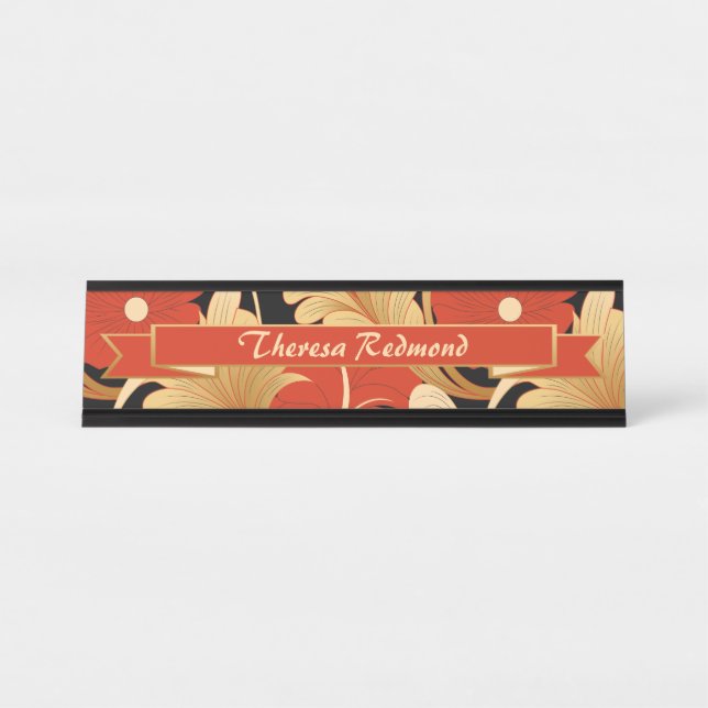 Art Deco Red Poppies Personalized Desk Name Plate (Front)
