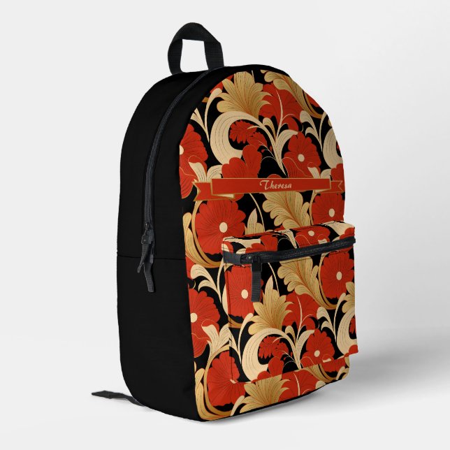 Art Deco Red Poppies Personalized Printed Backpack (Back Corner Left)