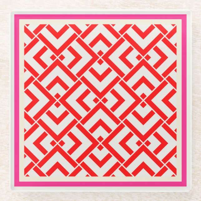 Art deco, red print in vibrant colors glass coaster (Front)