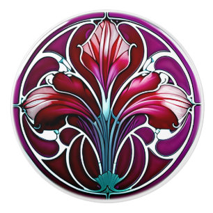 Art Deco Red Purple Stylized Lily 2 Ceramic Knob