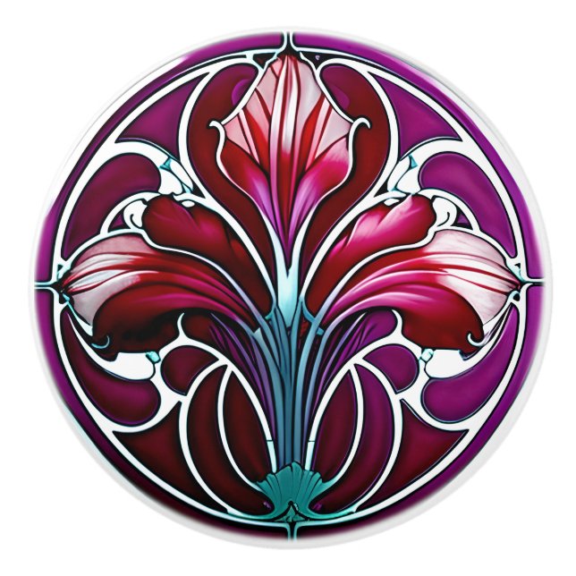 Art Deco Red Purple Stylized Lily 2 Ceramic Knob (Front)