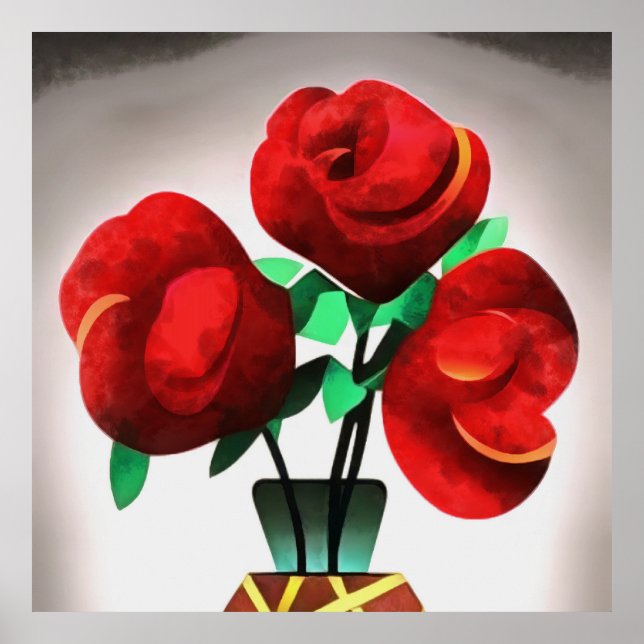 Art Deco Red Roses In Vase Abstract Art Poster (Front)