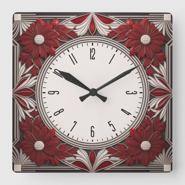 Art Deco red Square Wall Clock (Front)