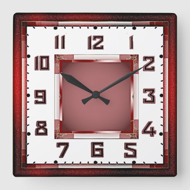 Art Deco Red Square Wall Clock (Front)