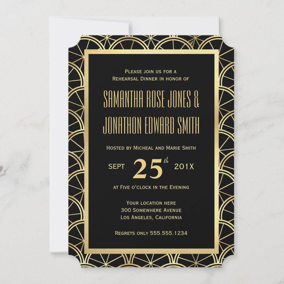 Art Deco Rehearsal Dinner Invitation Black And Gold Zazzle