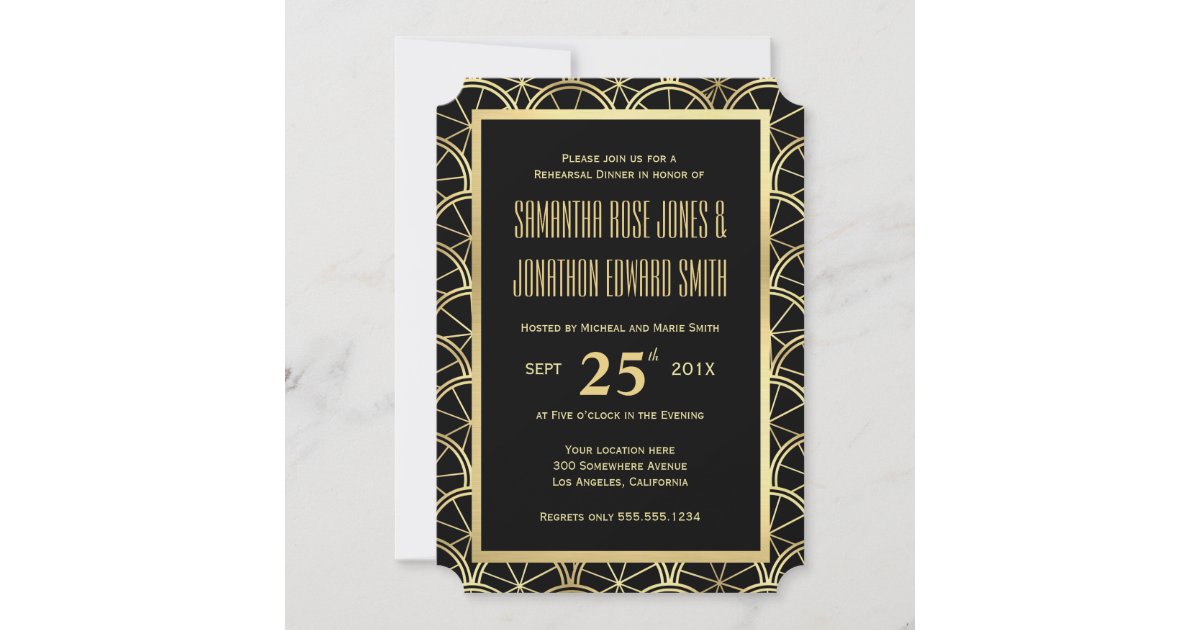 Art Deco Rehearsal Dinner Invitation Black And Gold Zazzle