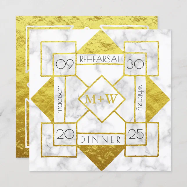 Art Deco Rehearsal Dinner Wedding Marble Gold Foil Invitation Zazzle