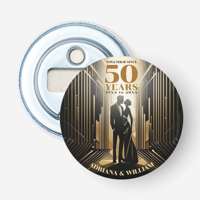 Art Deco Retro Black & Gold Wedding Anniversary Bottle Opener (Front)