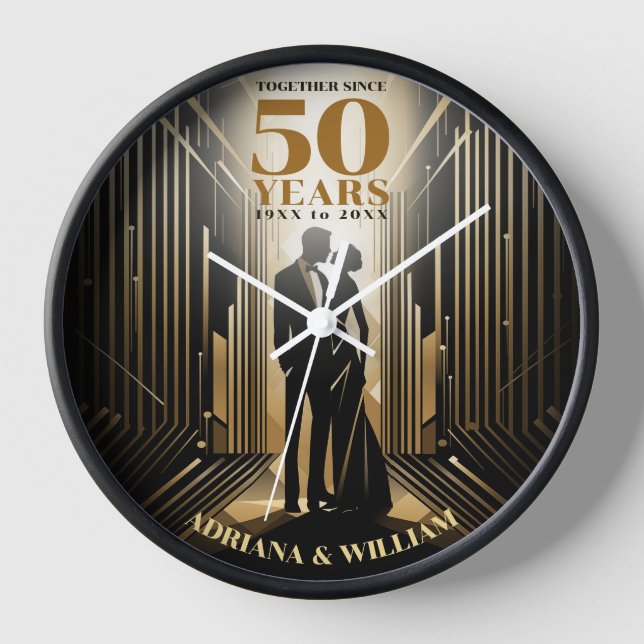 Art Deco Retro Black & Gold Wedding Anniversary Clock (Front)