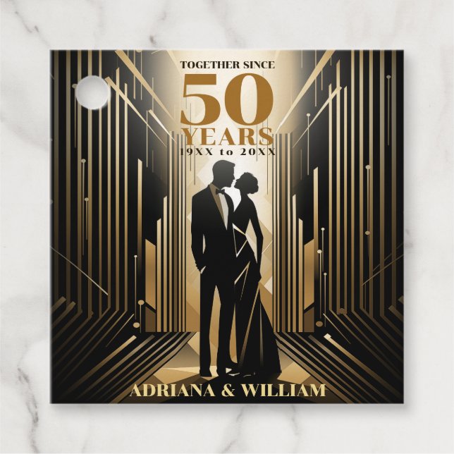 Art Deco Retro Black & Gold Wedding Anniversary Favor Tags (Front)