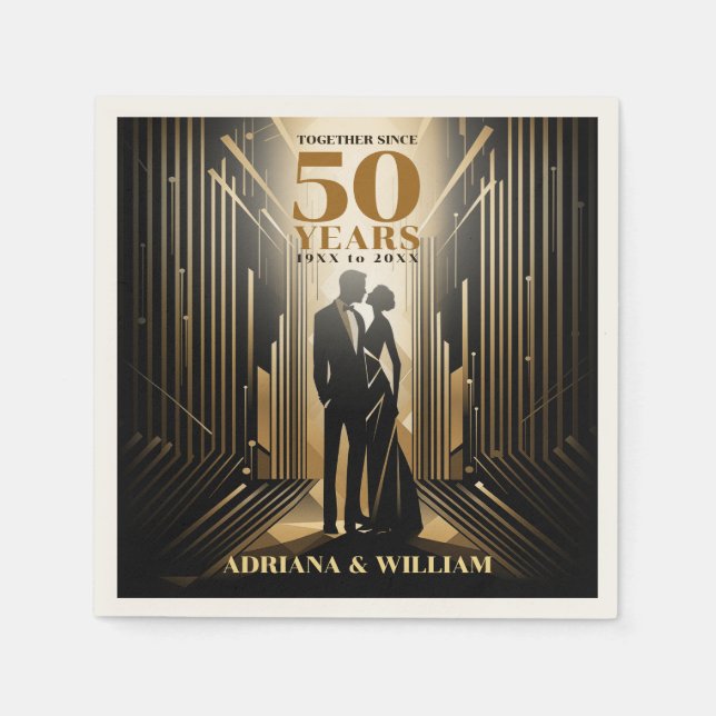 Art Deco Retro Black & Gold Wedding Anniversary Napkins (Front)