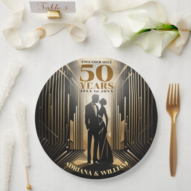 Art Deco Retro Black & Gold Wedding Anniversary Paper Plates (Wedding)