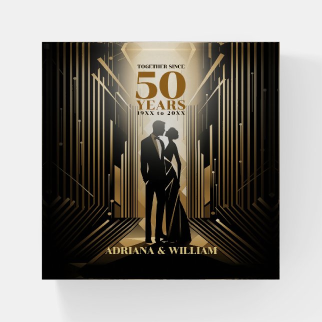 Art Deco Retro Black & Gold Wedding Anniversary Paperweight (Front)
