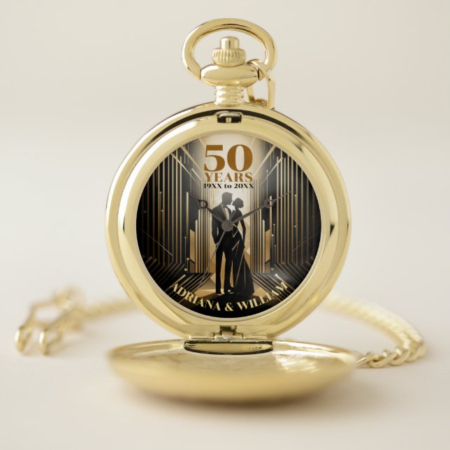 Art Deco Retro Black & Gold Wedding Anniversary Pocket Watch (Inside)