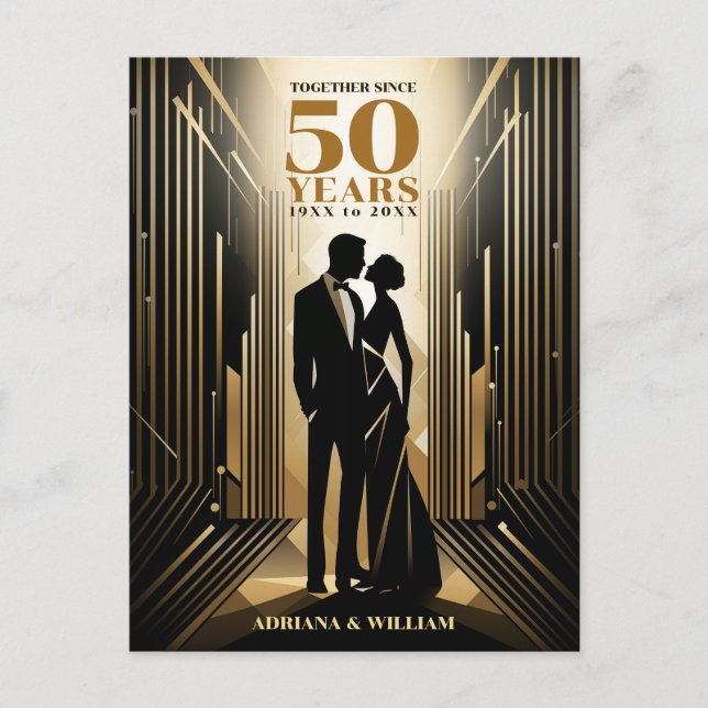 Art Deco Retro Black & Gold Wedding Anniversary Postcard (Front)