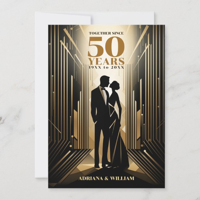 Art Deco Retro Black & Gold Wedding Anniversary Save The Date (Front)