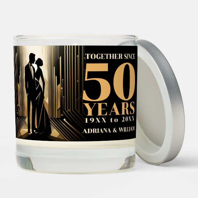 Art Deco Retro Black & Gold Wedding Anniversary Scented Candle (Lid)