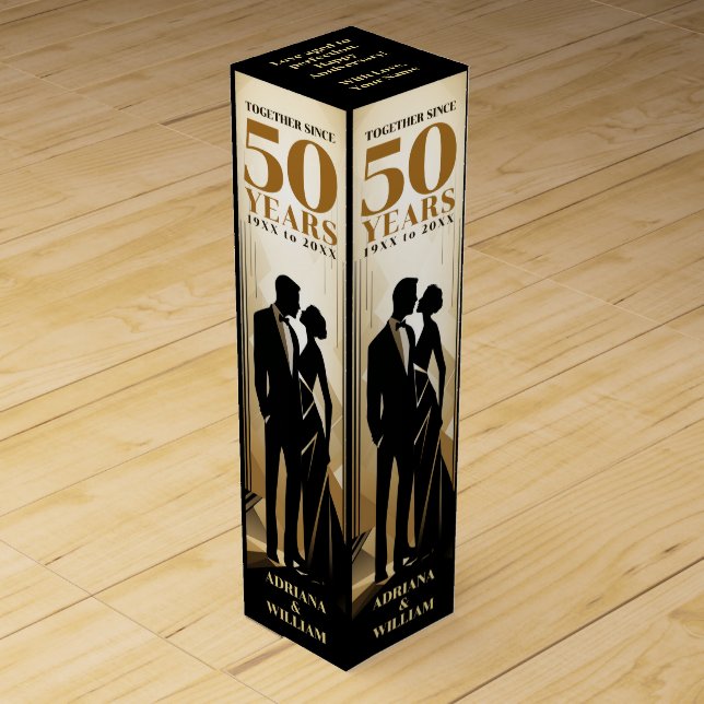 Art Deco Retro Black & Gold Wedding Anniversary Wine Box (Front)