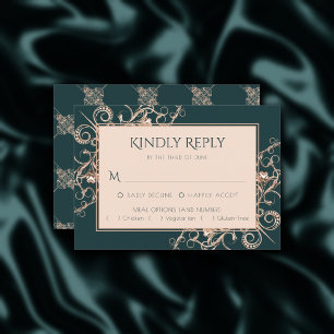 Art Deco Retro Dark Green Copper Entree Option RSVP Card