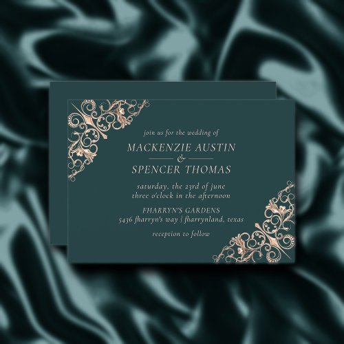 Art Deco Retro  Forest Green Rose Gold Wedding Invitation