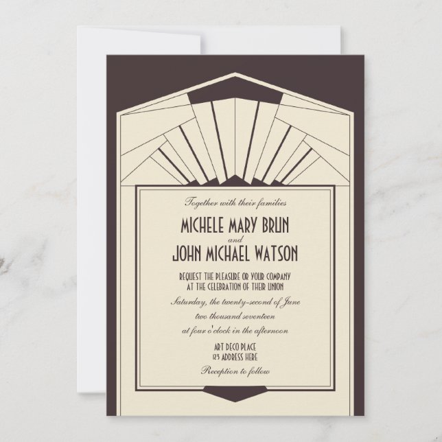 Art Deco Retro Frame Brown Wedding Invitation (Front)