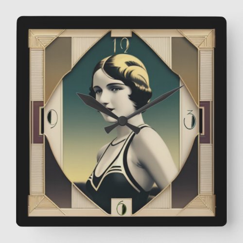 Art Deco retro girl Square Wall Clock